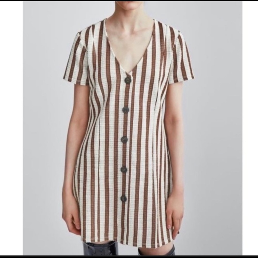 Zara brown and cream striped button V neck dress